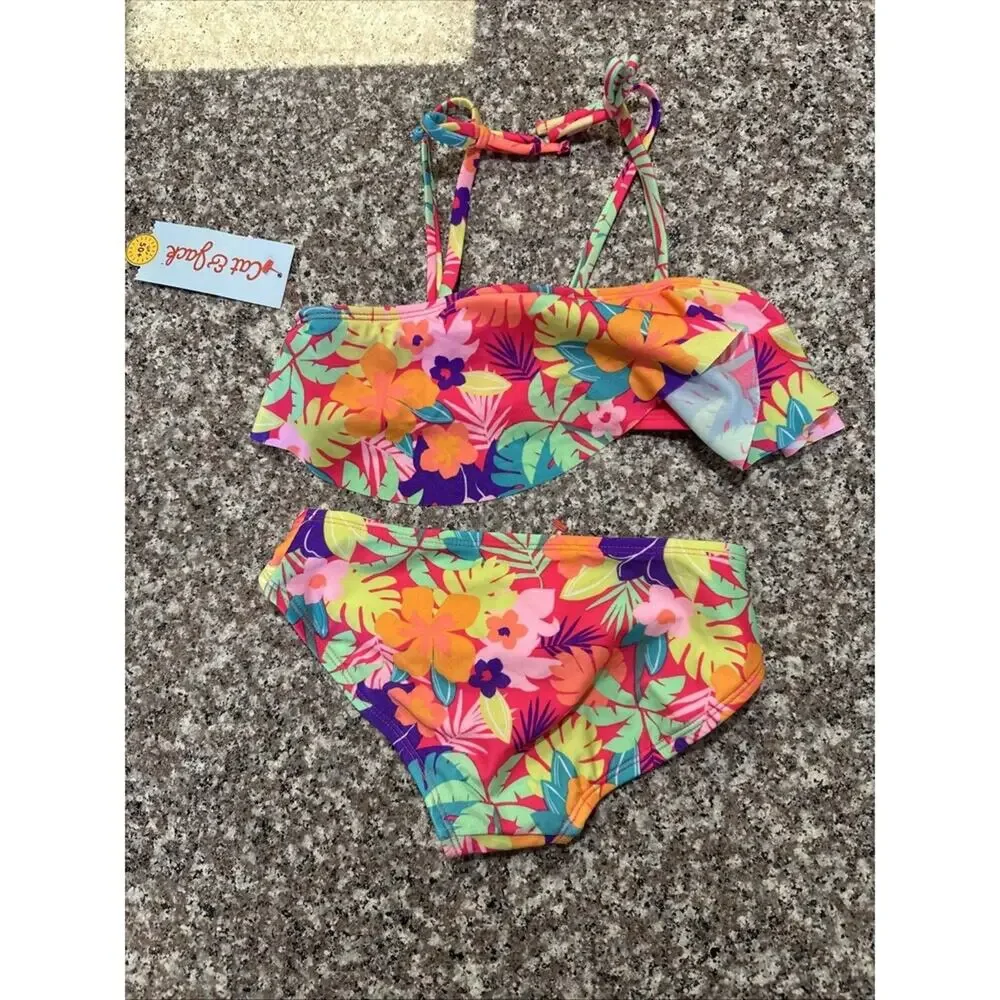 Cat & Jack Girls Tropical Floral Bikini Set NEW w/ TAGS Size XS(4/5) UPF 50+